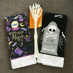 Halloween Kitchen Bundle: GLOW IN THE DARK skeleton tongs, 2 Kichen towels